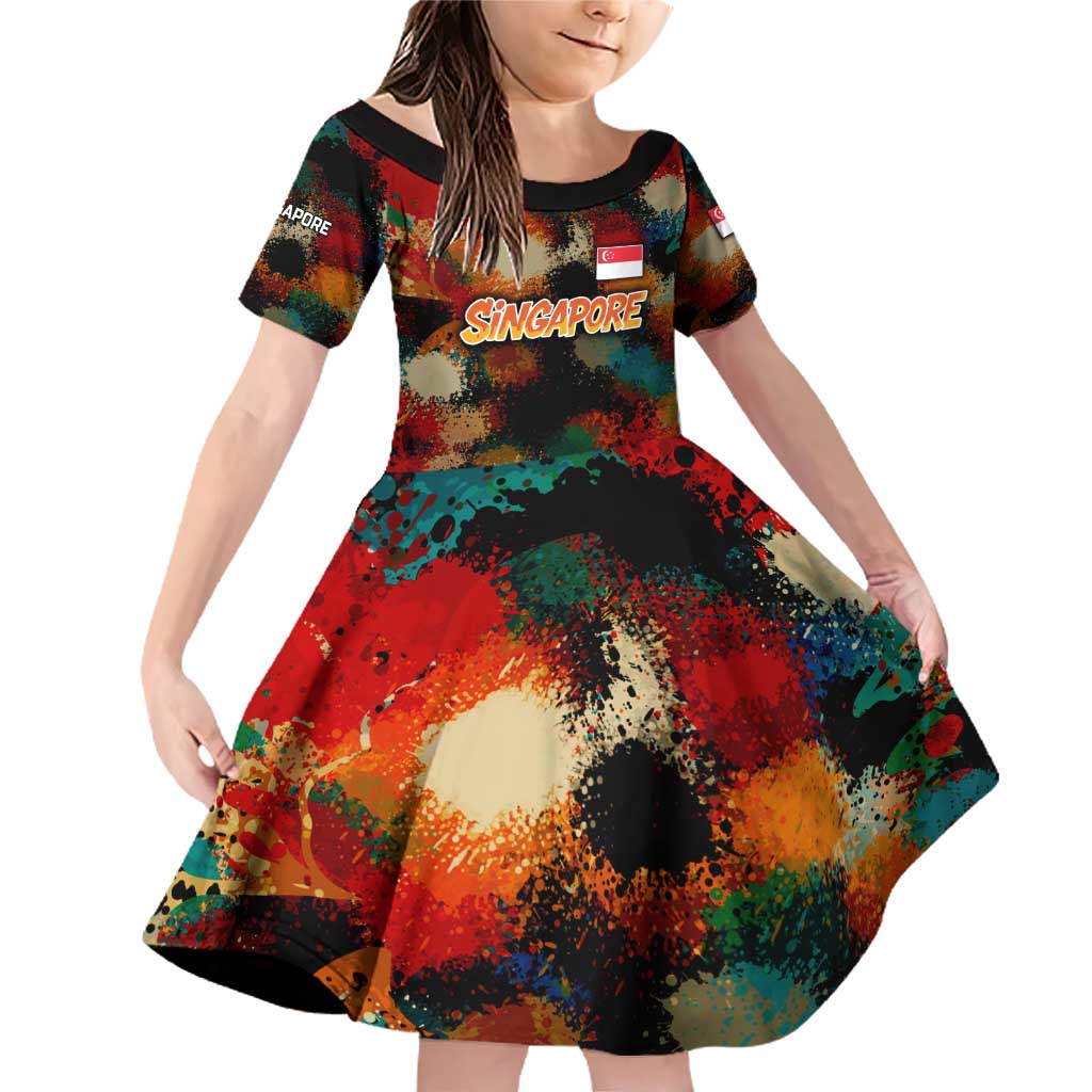 Singapore Merlion Family Matching Off Shoulder Short Dress and Hawaiian Shirt with Graffiti Art Style and National Flag