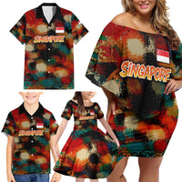 Singapore Merlion Family Matching Off Shoulder Short Dress and Hawaiian Shirt with Graffiti Art Style and National Flag