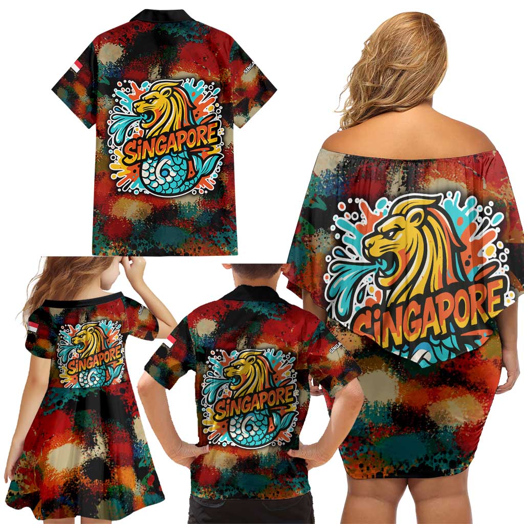 Singapore Merlion Family Matching Off Shoulder Short Dress and Hawaiian Shirt with Graffiti Art Style and National Flag