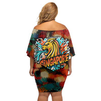 Singapore Merlion Family Matching Off Shoulder Short Dress and Hawaiian Shirt with Graffiti Art Style and National Flag