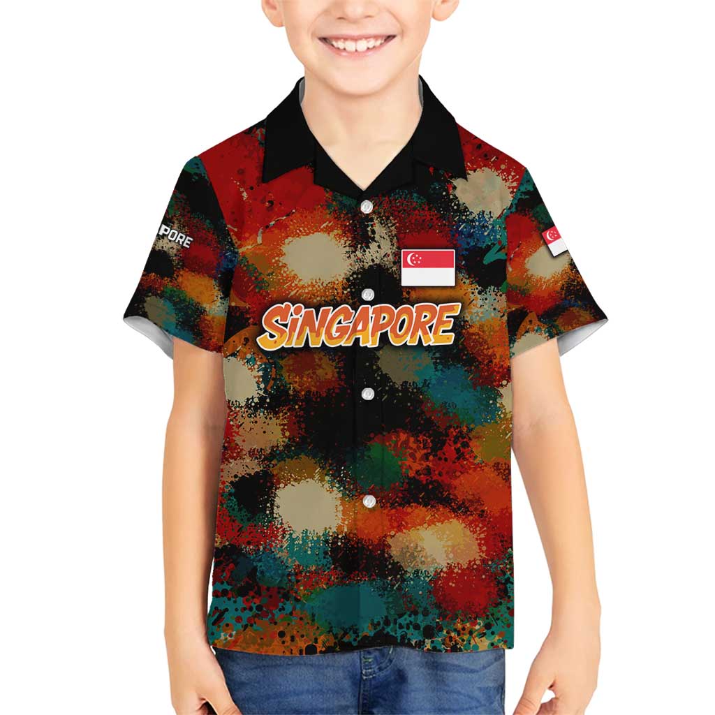 Singapore Merlion Family Matching Off Shoulder Short Dress and Hawaiian Shirt with Graffiti Art Style and National Flag