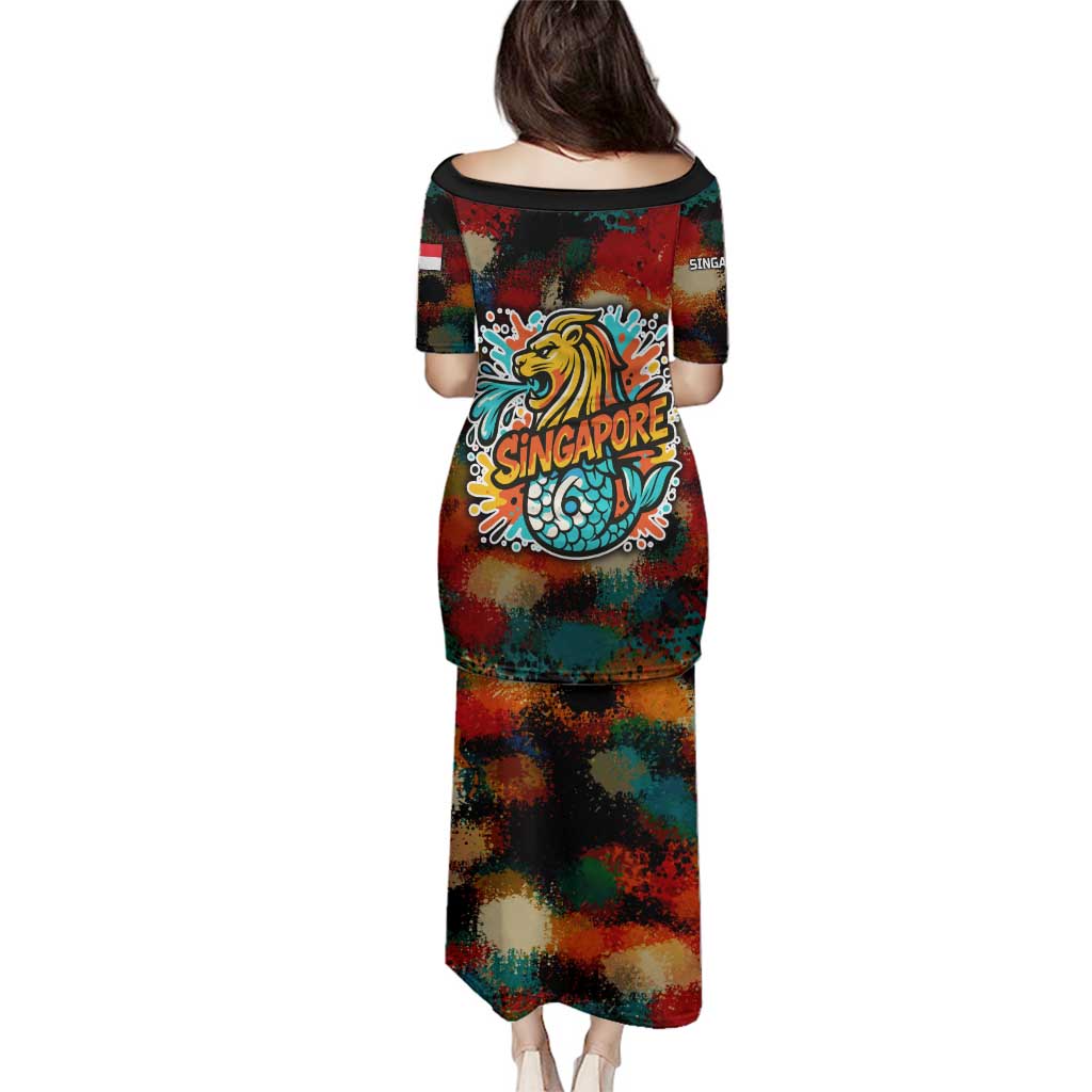 Singapore Merlion Family Matching Puletasi and Hawaiian Shirt with Graffiti Art Style and National Flag