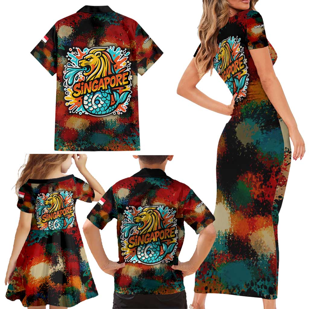 Singapore Merlion Family Matching Short Sleeve Bodycon Dress and Hawaiian Shirt with Graffiti Art Style and National Flag