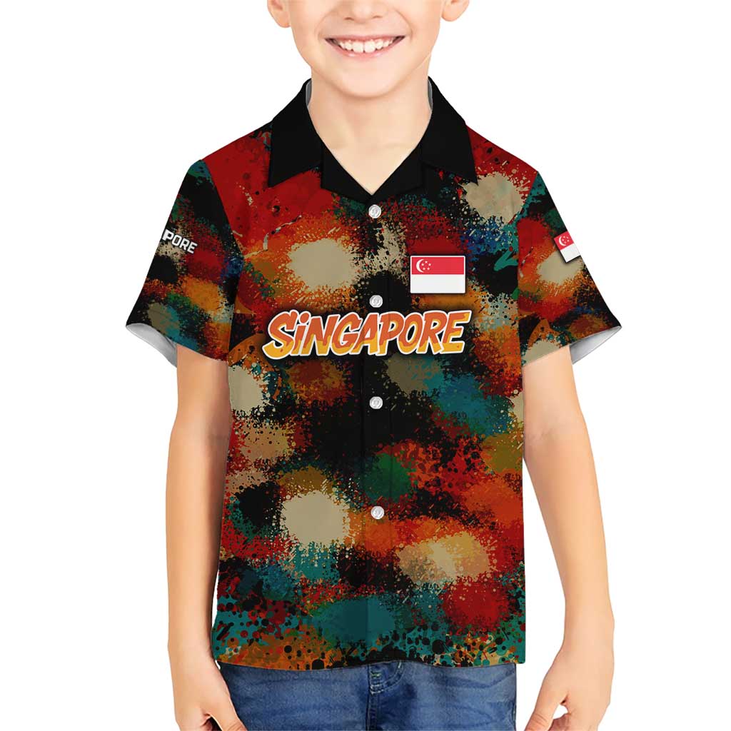 Singapore Merlion Family Matching Short Sleeve Bodycon Dress and Hawaiian Shirt with Graffiti Art Style and National Flag