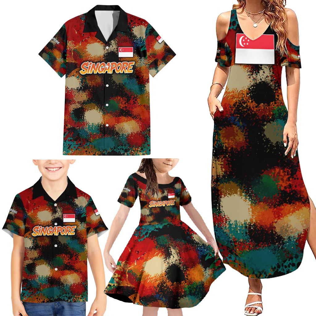 Singapore Merlion Family Matching Summer Maxi Dress and Hawaiian Shirt with Graffiti Art Style and National Flag