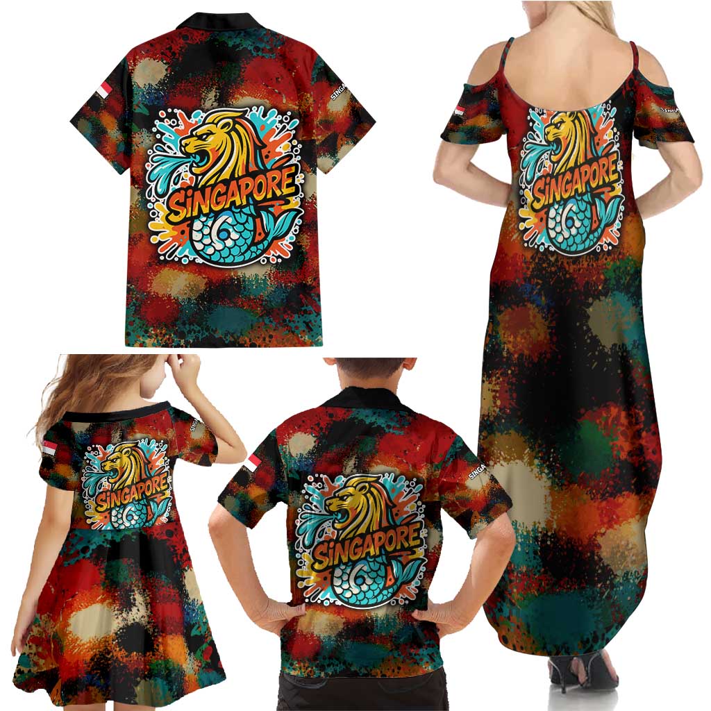 Singapore Merlion Family Matching Summer Maxi Dress and Hawaiian Shirt with Graffiti Art Style and National Flag