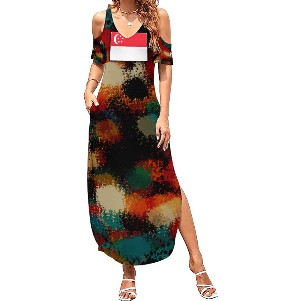 Singapore Merlion Family Matching Summer Maxi Dress and Hawaiian Shirt with Graffiti Art Style and National Flag