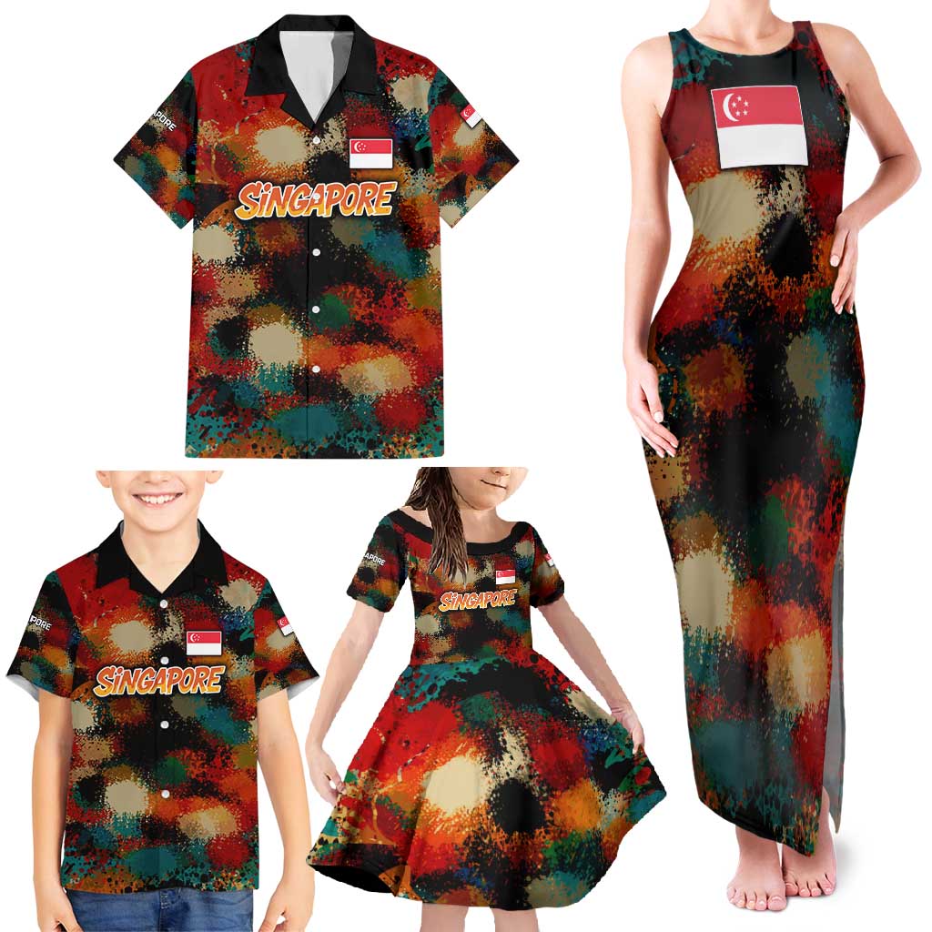Singapore Merlion Family Matching Tank Maxi Dress and Hawaiian Shirt with Graffiti Art Style and National Flag