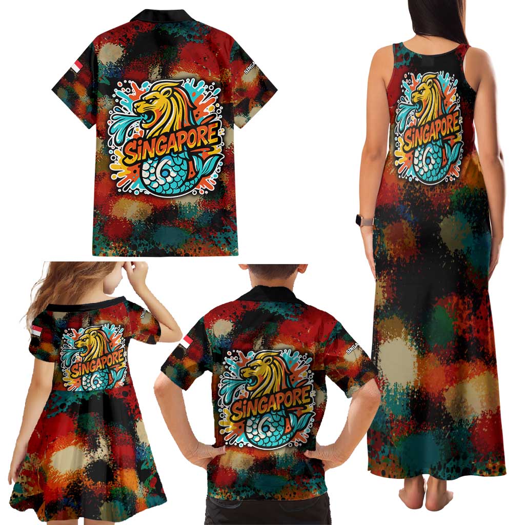 Singapore Merlion Family Matching Tank Maxi Dress and Hawaiian Shirt with Graffiti Art Style and National Flag