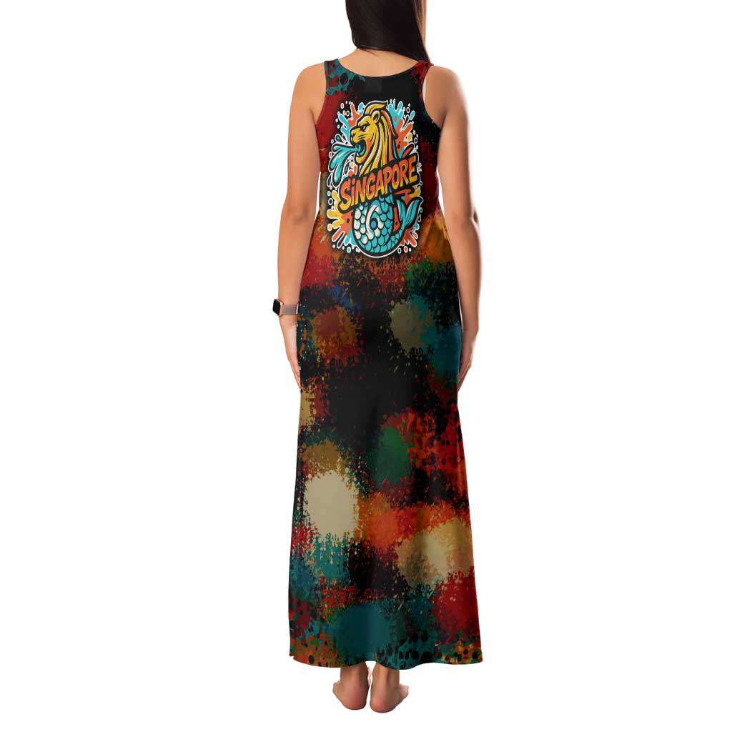 Singapore Merlion Family Matching Tank Maxi Dress and Hawaiian Shirt with Graffiti Art Style and National Flag