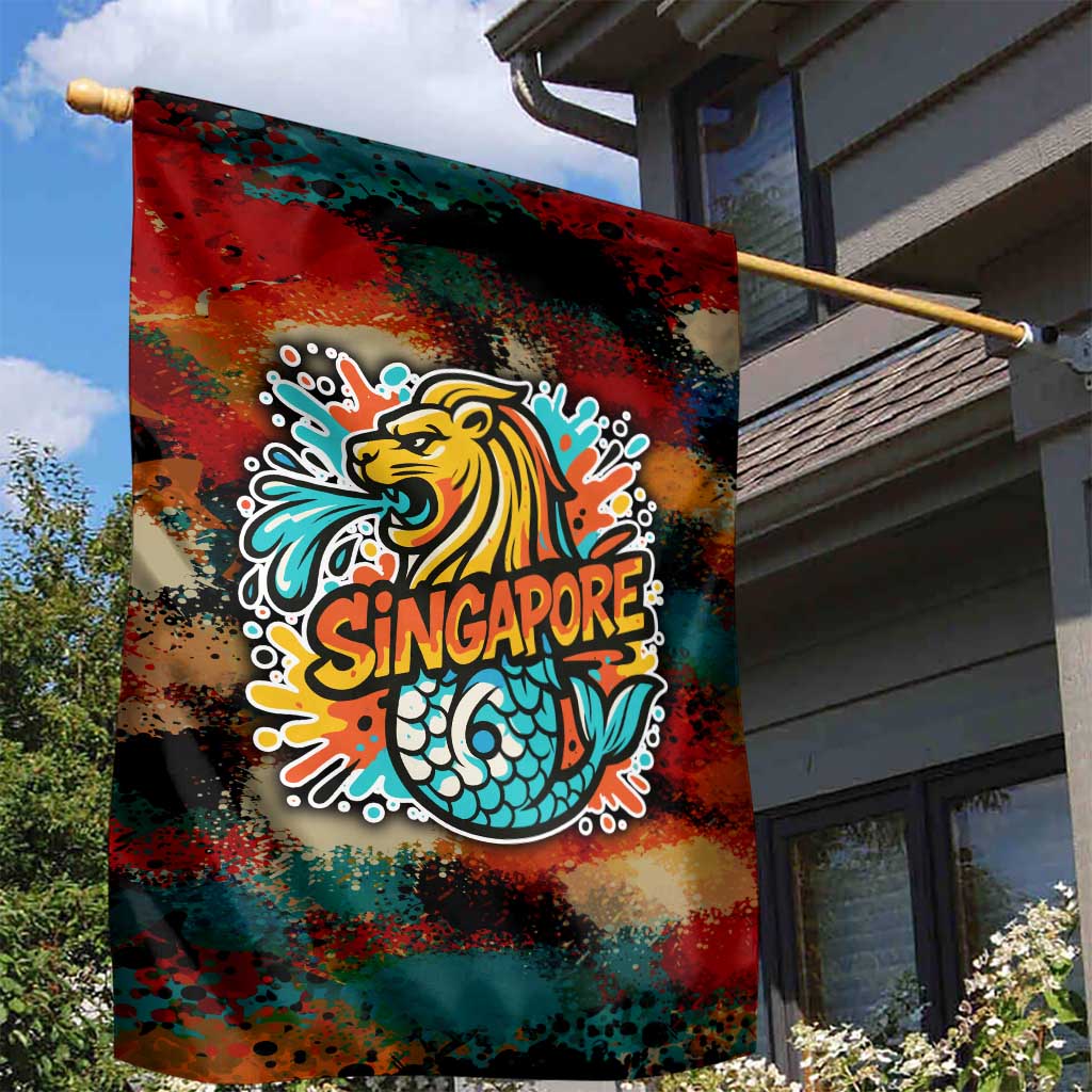 Singapore Merlion Garden Flag with Graffiti Art Style and National Flag