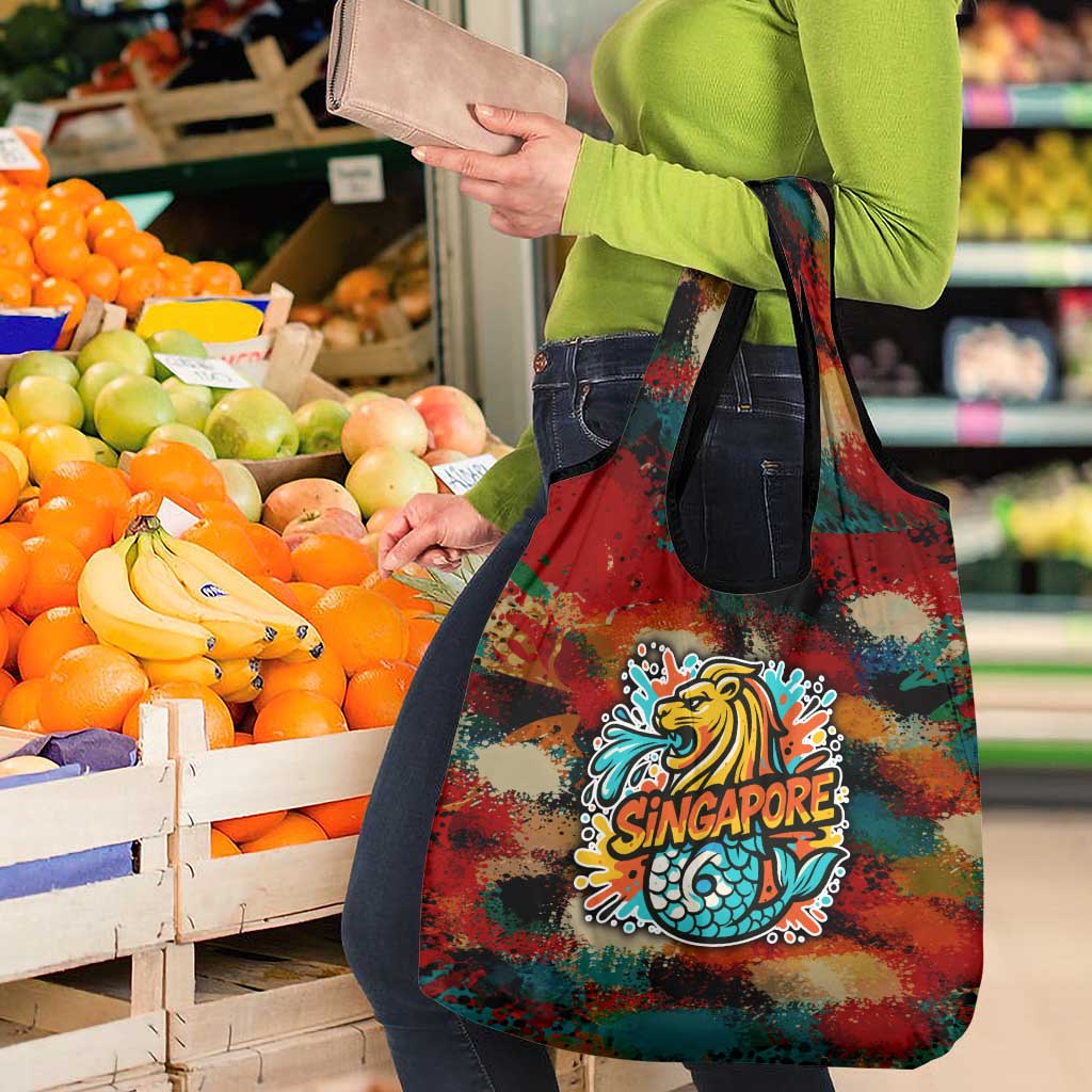 Singapore Merlion Grocery Bag with Graffiti Art Style and National Flag