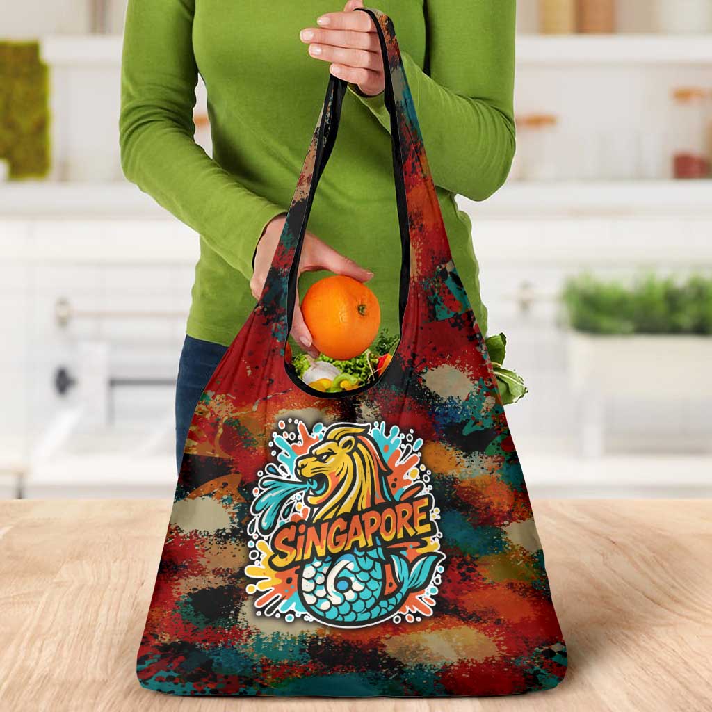 Singapore Merlion Grocery Bag with Graffiti Art Style and National Flag