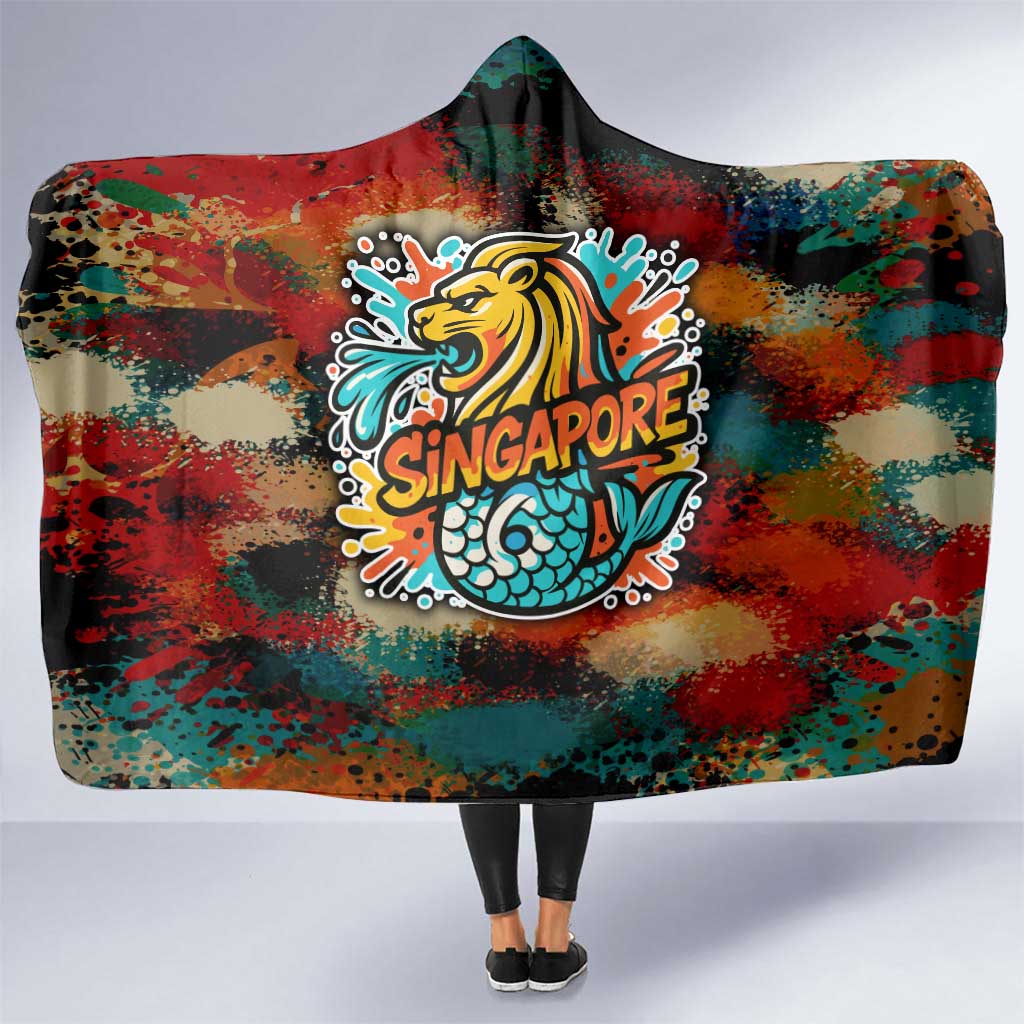 Singapore Merlion Hooded Blanket with Graffiti Art Style and National Flag