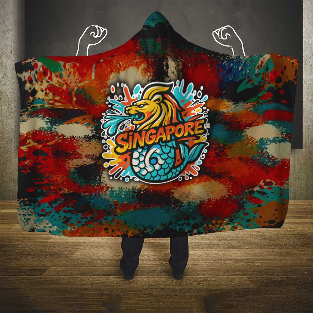 Singapore Merlion Hooded Blanket with Graffiti Art Style and National Flag