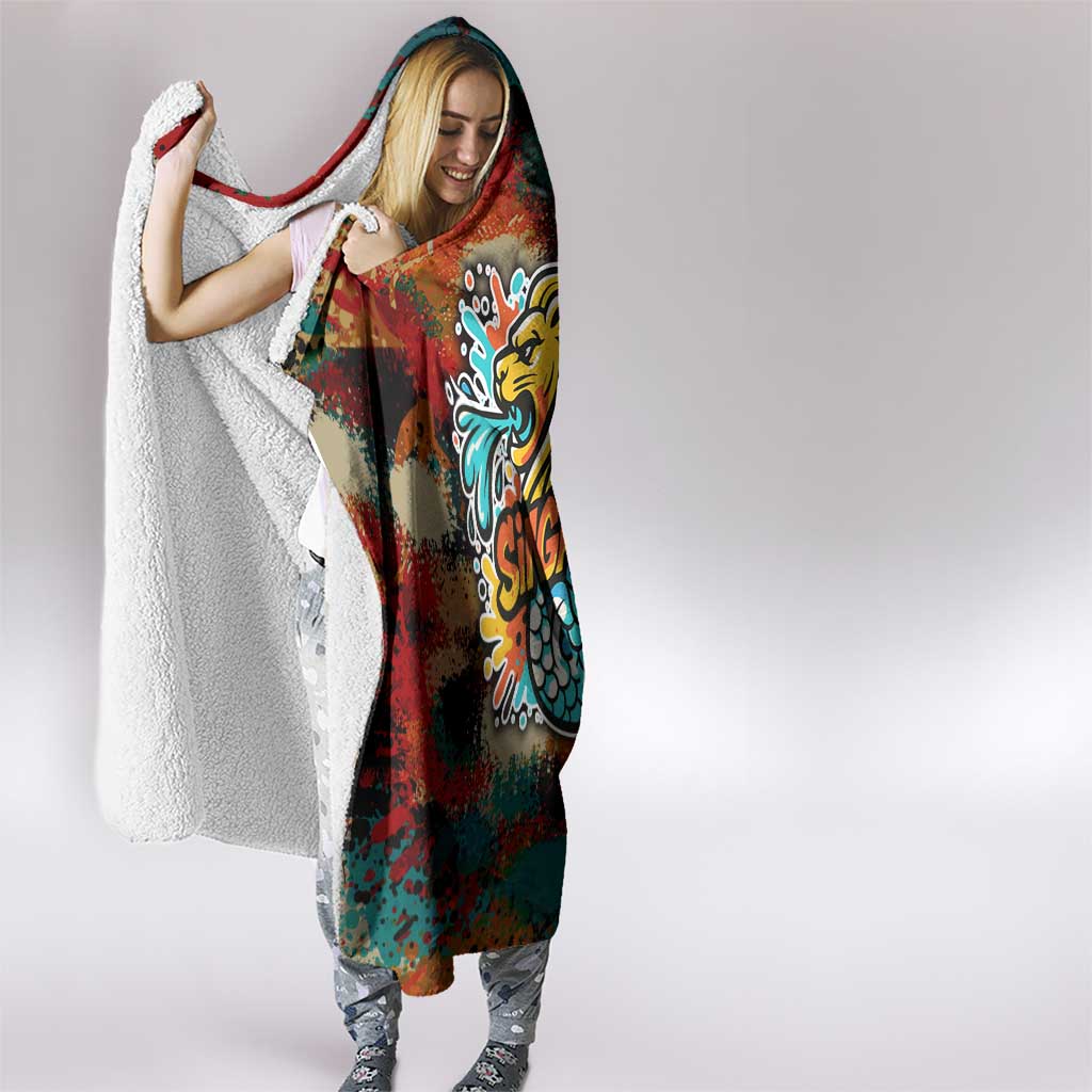 Singapore Merlion Hooded Blanket with Graffiti Art Style and National Flag