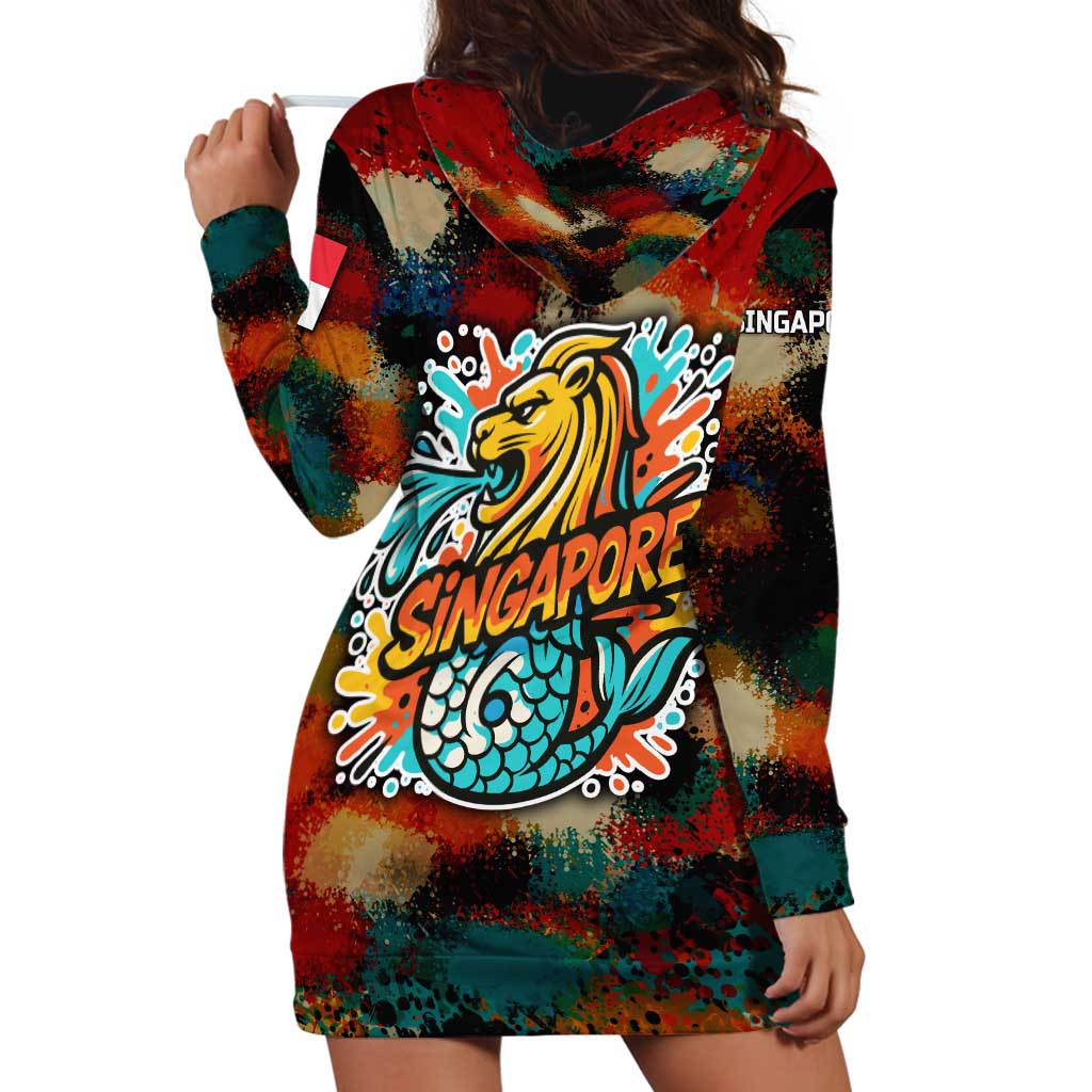Singapore Merlion Hoodie Dress with Graffiti Art Style and National Flag