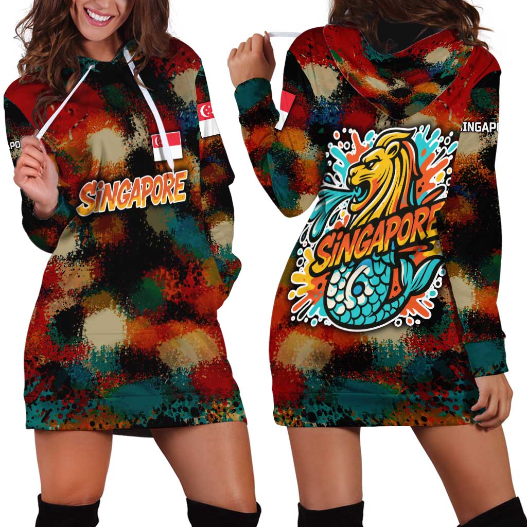 Singapore Merlion Hoodie Dress with Graffiti Art Style and National Flag