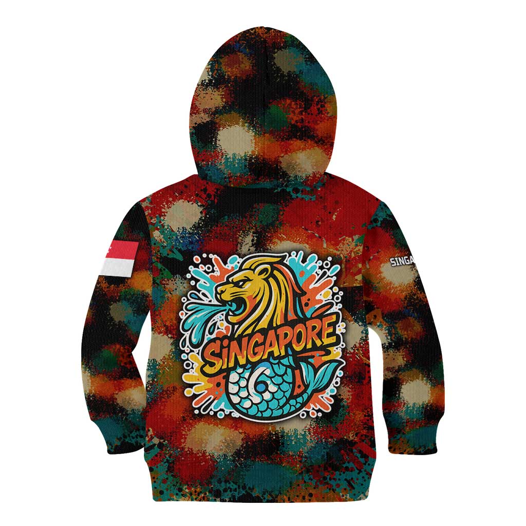 Singapore Merlion Kid Hoodie with Graffiti Art Style and National Flag