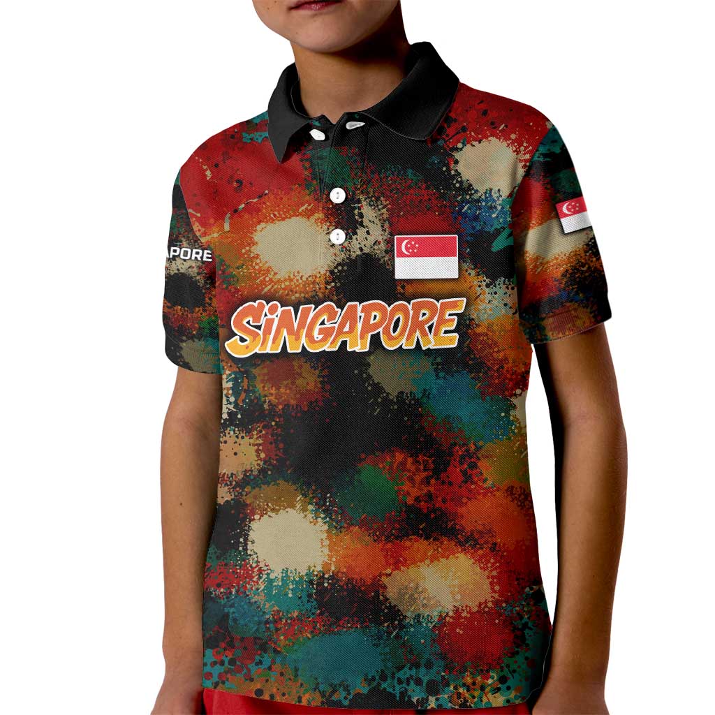 Singapore Merlion Kid Polo Shirt with Graffiti Art Style and National Flag