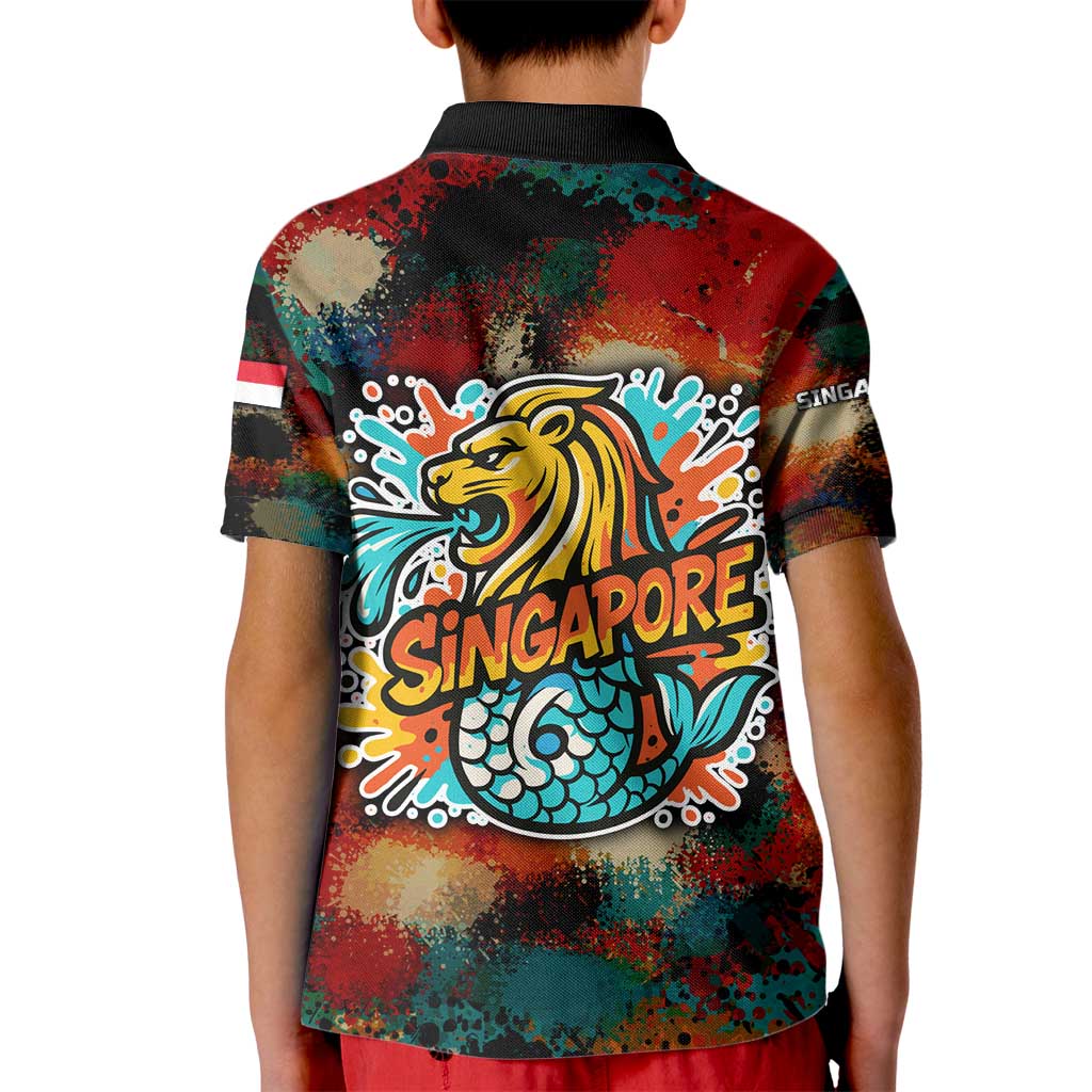 Singapore Merlion Kid Polo Shirt with Graffiti Art Style and National Flag