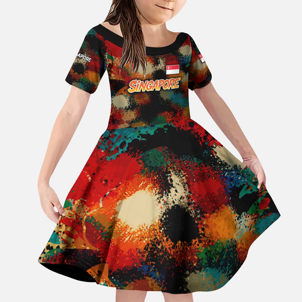 Singapore Merlion Kid Short Sleeve Dress with Graffiti Art Style and National Flag