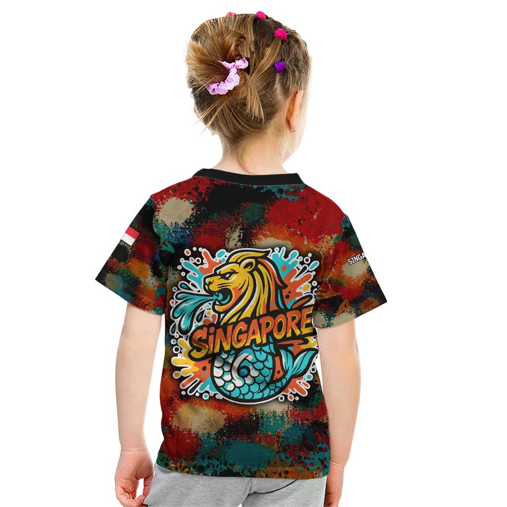 Singapore Merlion Kid T Shirt with Graffiti Art Style and National Flag