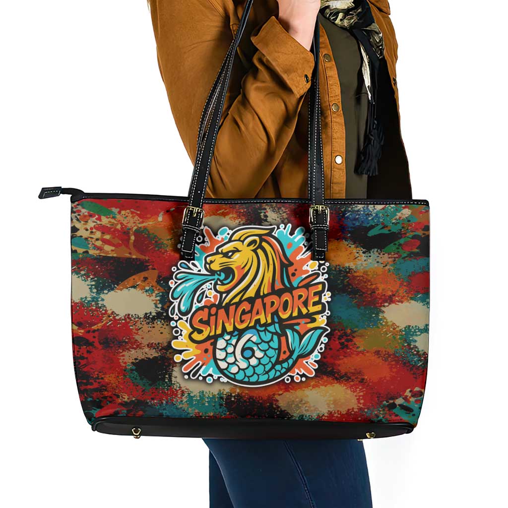 Singapore Merlion Leather Tote Bag with Graffiti Art Style and National Flag