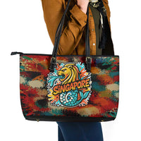 Singapore Merlion Leather Tote Bag with Graffiti Art Style and National Flag