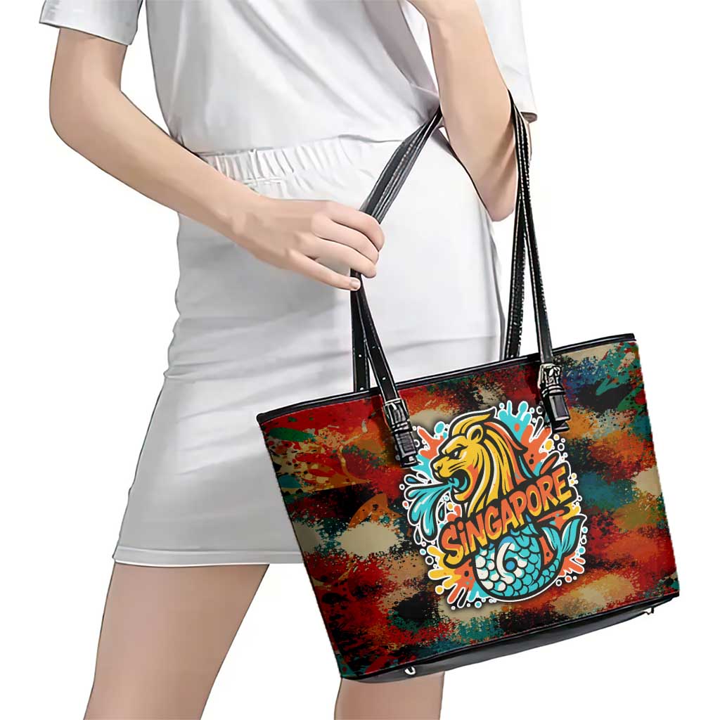Singapore Merlion Leather Tote Bag with Graffiti Art Style and National Flag