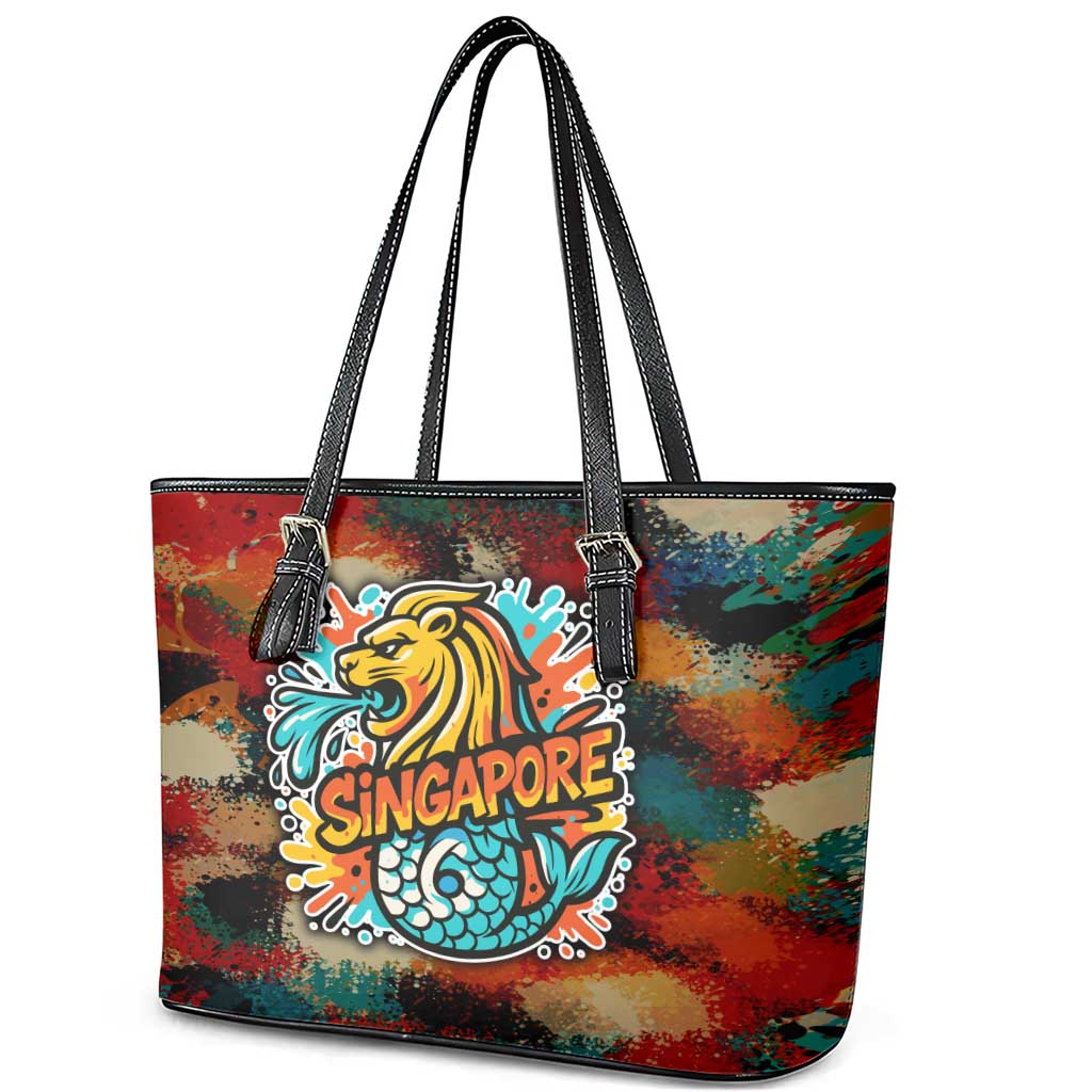 Singapore Merlion Leather Tote Bag with Graffiti Art Style and National Flag