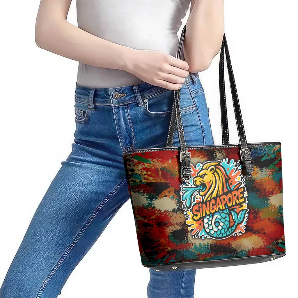 Singapore Merlion Leather Tote Bag with Graffiti Art Style and National Flag