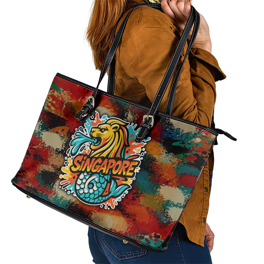Singapore Merlion Leather Tote Bag with Graffiti Art Style and National Flag