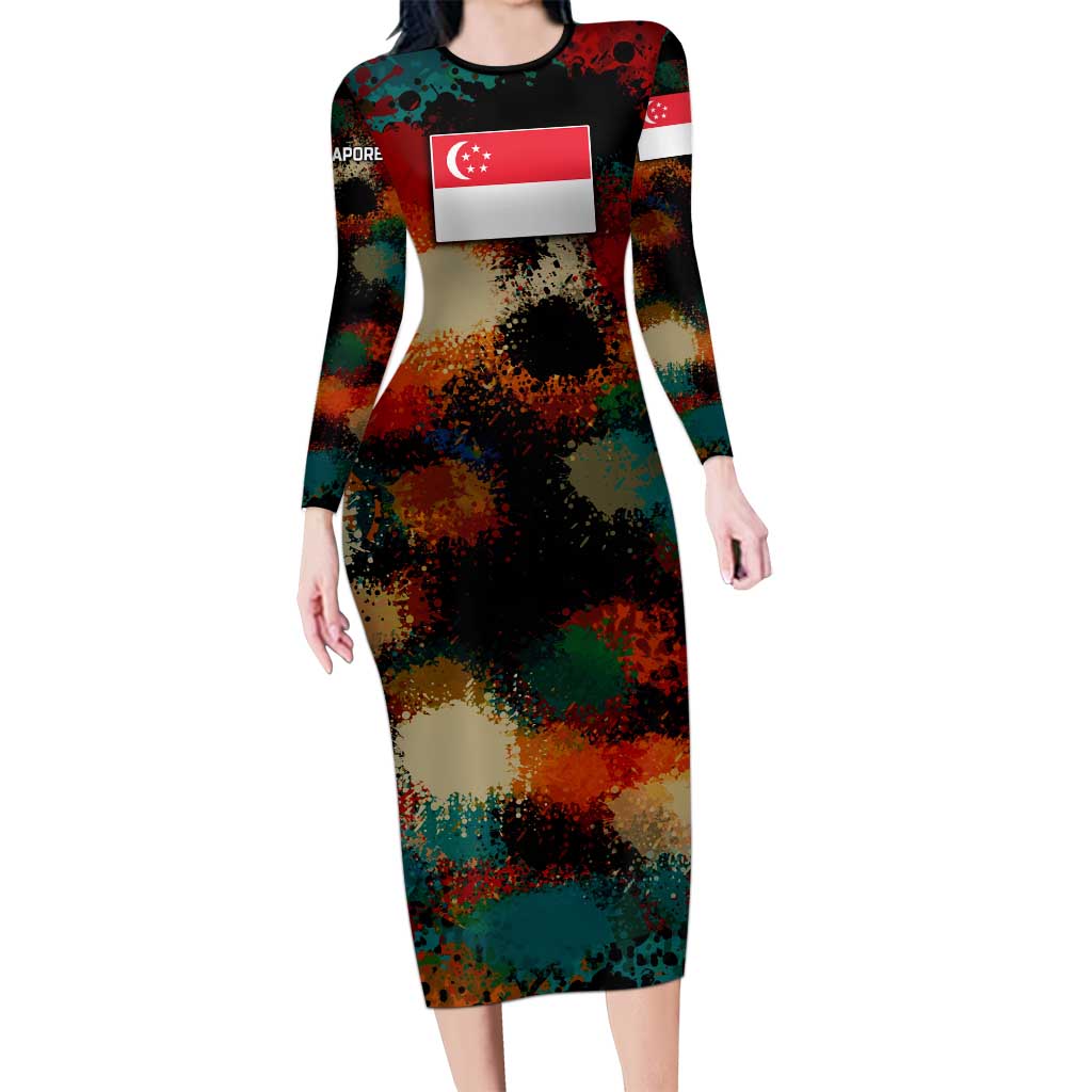 Singapore Merlion Long Sleeve Bodycon Dress with Graffiti Art Style and National Flag