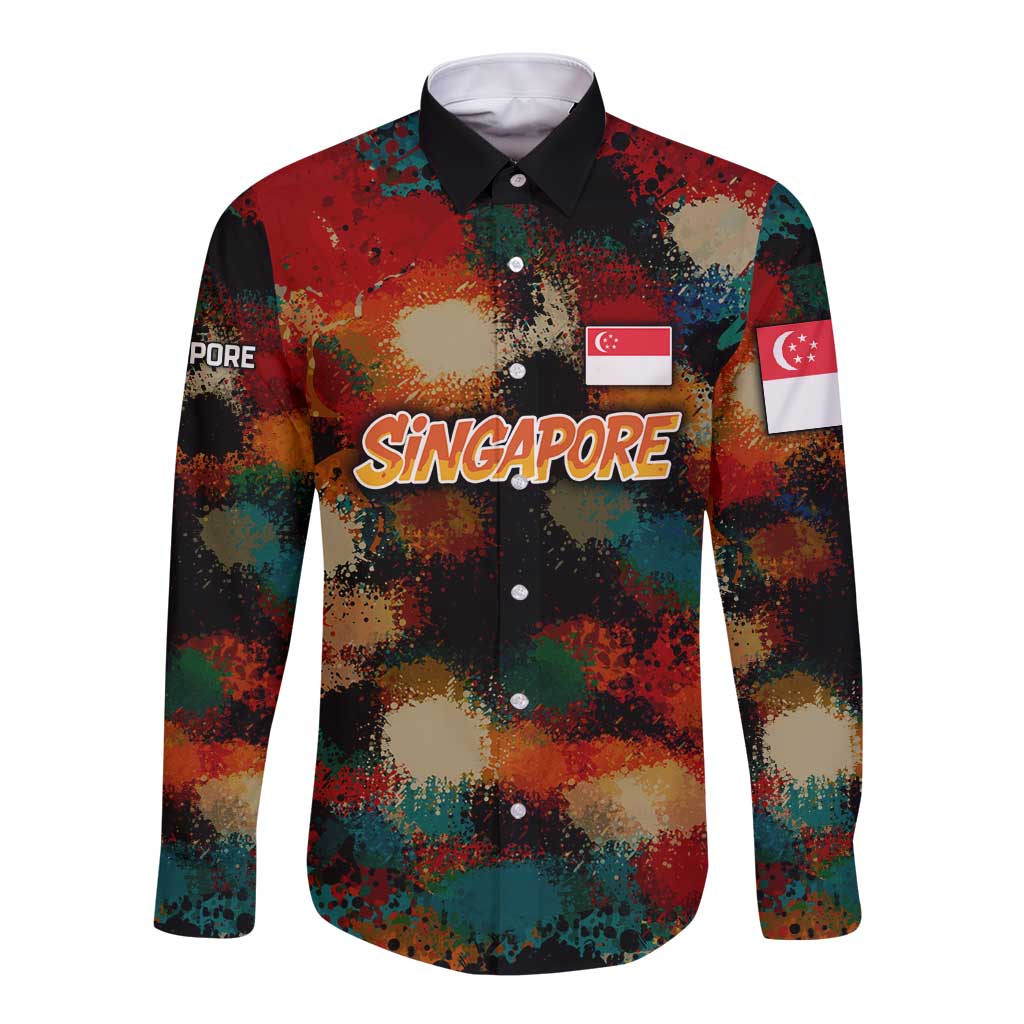 Singapore Merlion Long Sleeve Button Shirt with Graffiti Art Style and National Flag