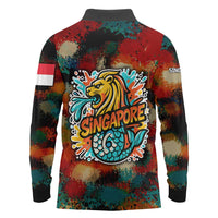 Singapore Merlion Long Sleeve Polo Shirt with Graffiti Art Style and National Flag