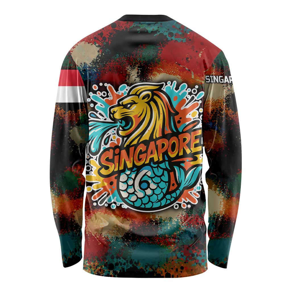 Singapore Merlion Long Sleeve Shirt with Graffiti Art Style and National Flag