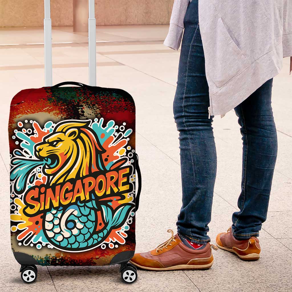 Singapore Merlion Luggage Cover with Graffiti Art Style and National Flag