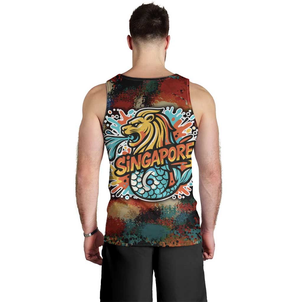 Singapore Merlion Men Tank Top with Graffiti Art Style and National Flag