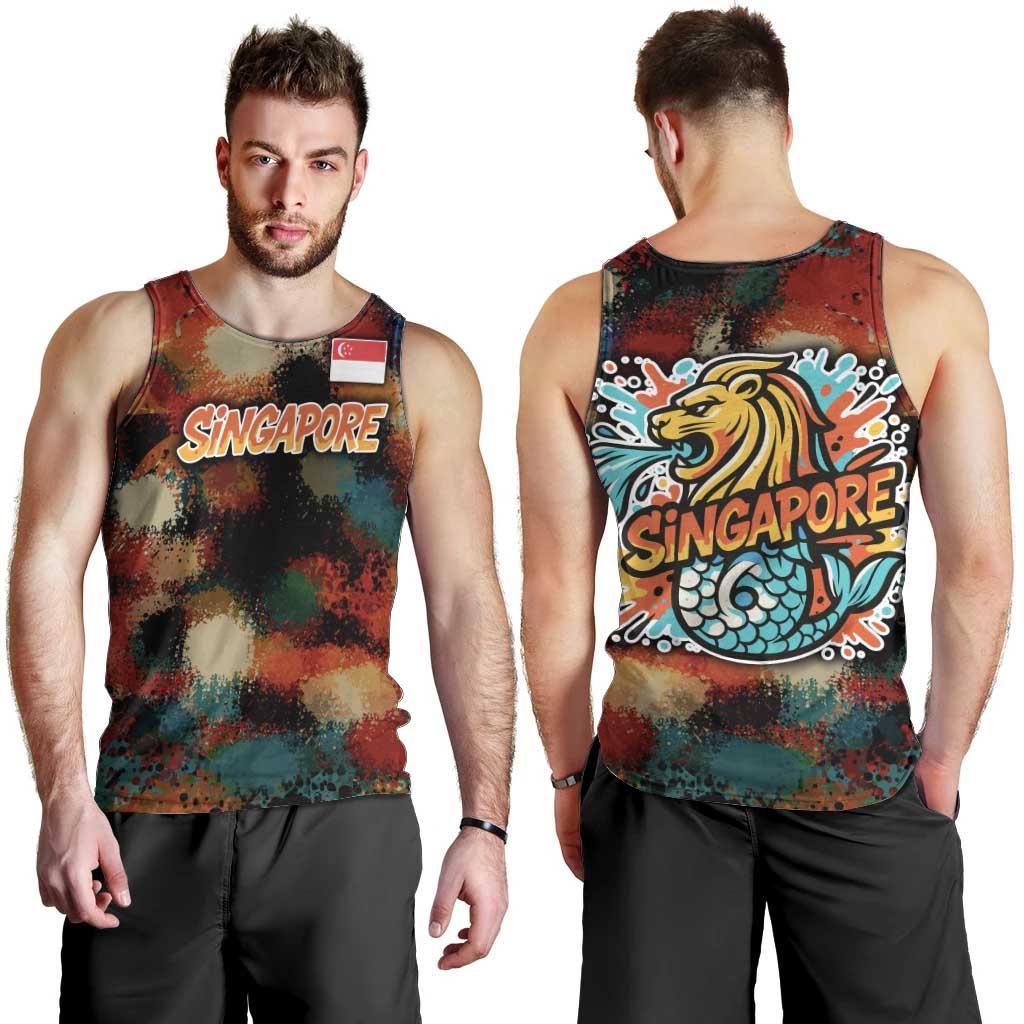 Singapore Merlion Men Tank Top with Graffiti Art Style and National Flag