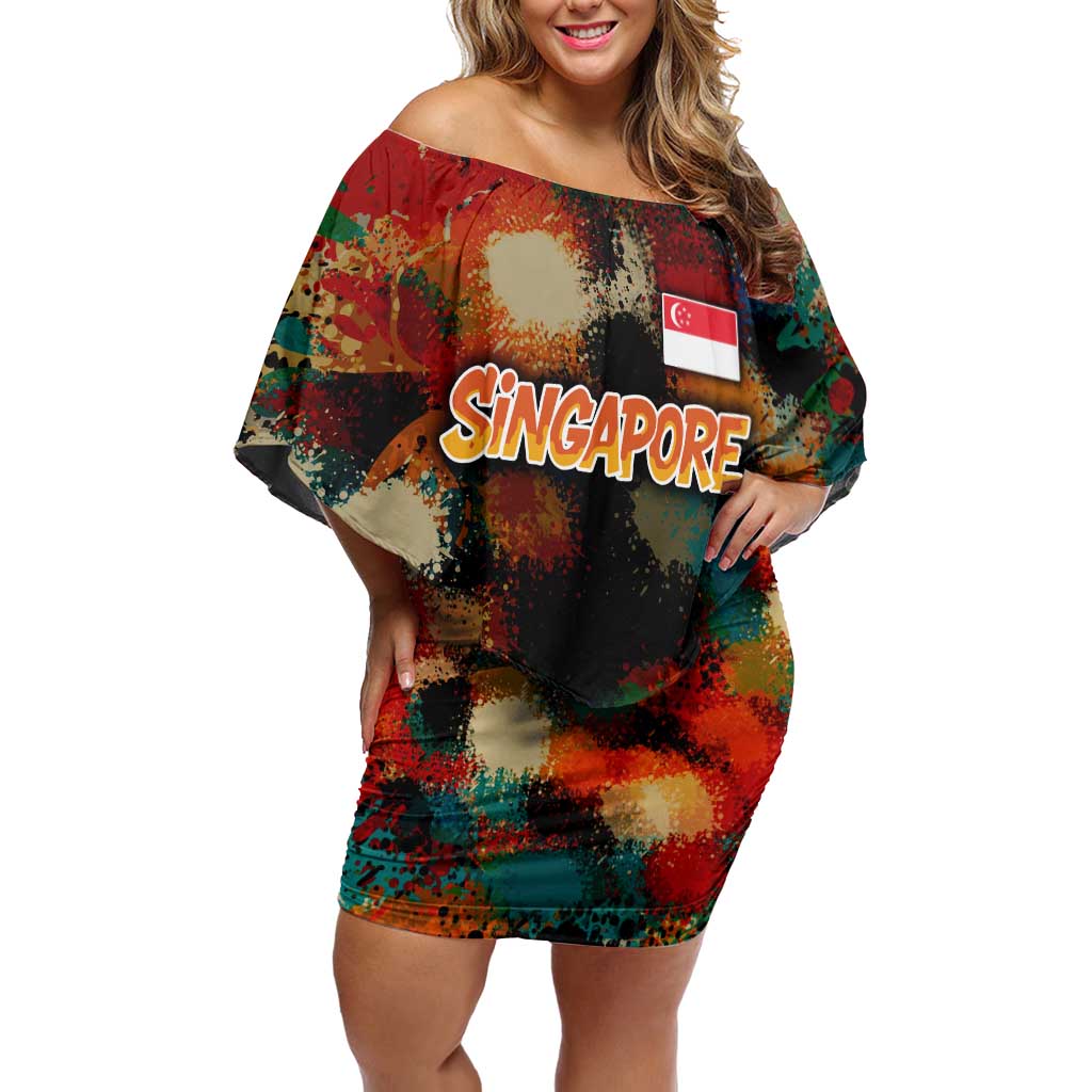 Singapore Merlion Off Shoulder Short Dress with Graffiti Art Style and National Flag