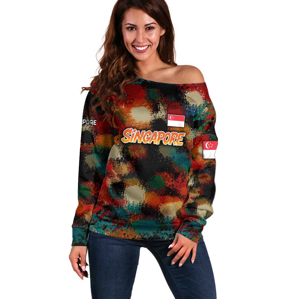 Singapore Merlion Off Shoulder Sweater with Graffiti Art Style and National Flag