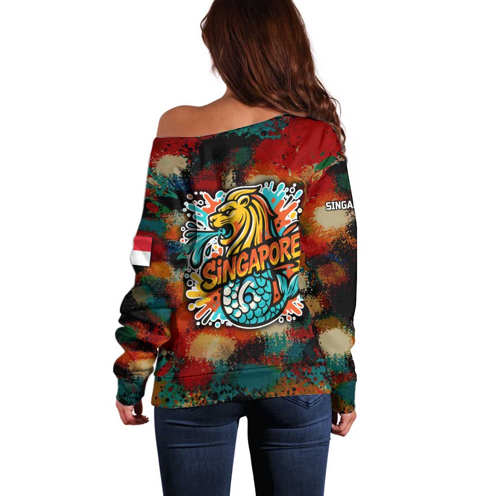 Singapore Merlion Off Shoulder Sweater with Graffiti Art Style and National Flag