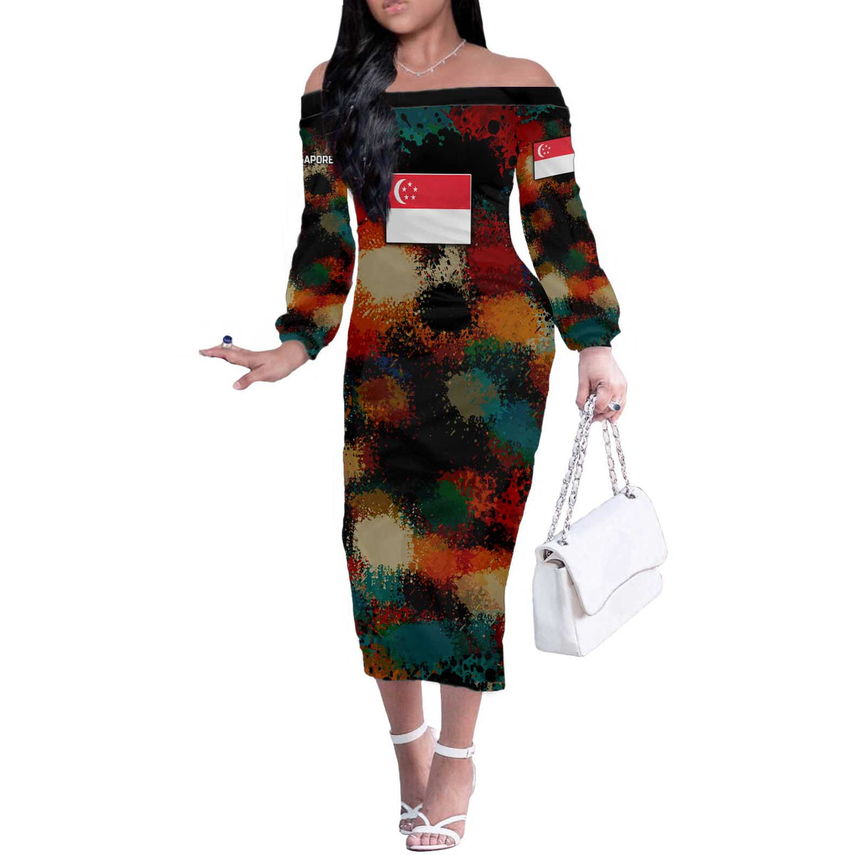 Singapore Merlion Off The Shoulder Long Sleeve Dress with Graffiti Art Style and National Flag