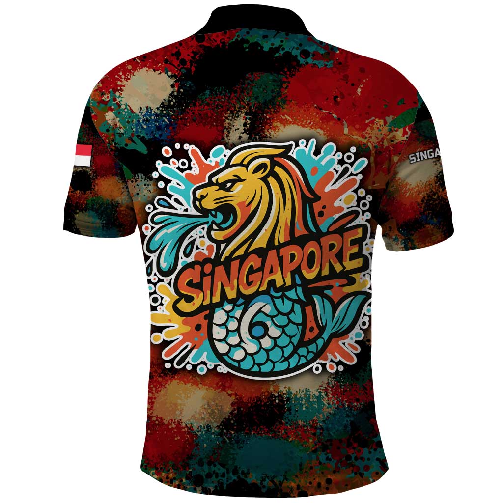 Singapore Merlion Polo Shirt with Graffiti Art Style and National Flag