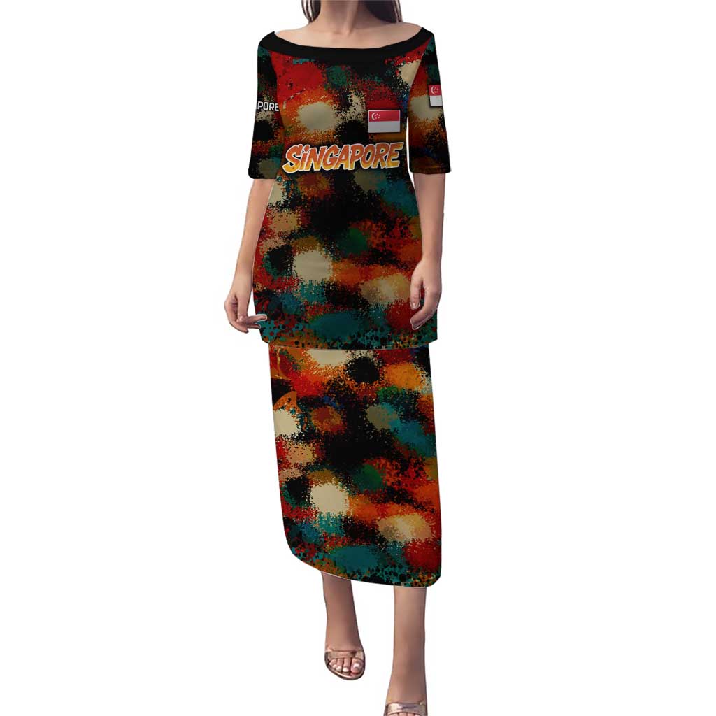 Singapore Merlion Puletasi with Graffiti Art Style and National Flag