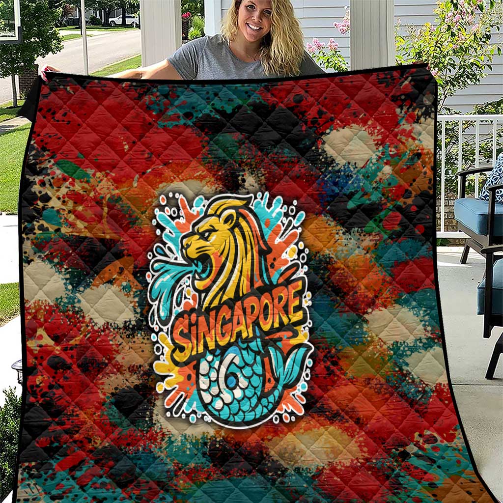 Singapore Merlion Quilt with Graffiti Art Style and National Flag