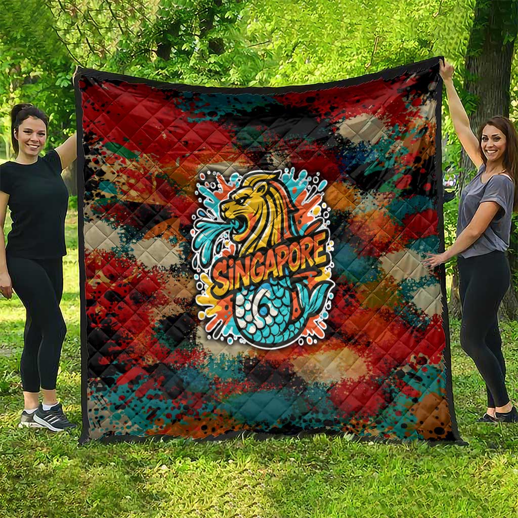 Singapore Merlion Quilt with Graffiti Art Style and National Flag