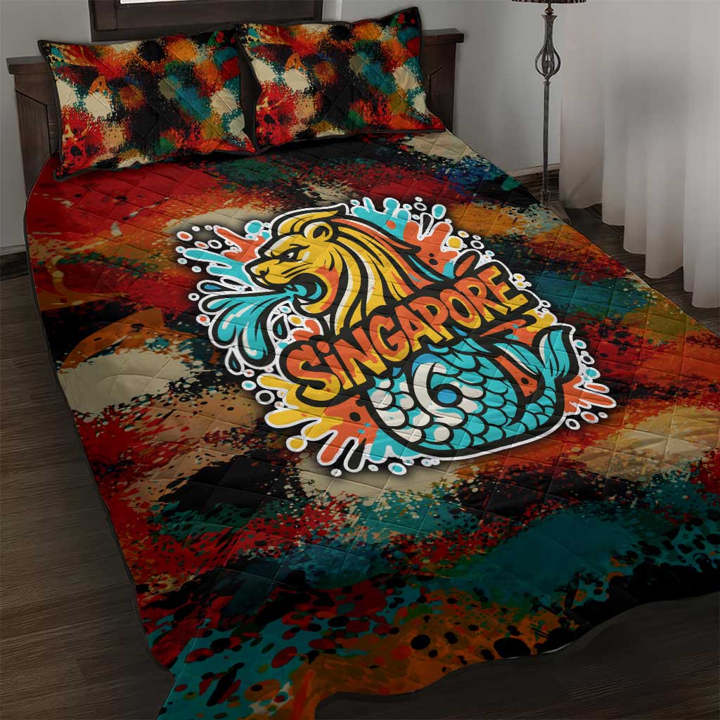 Singapore Merlion Quilt Bed Set with Graffiti Art Style and National Flag