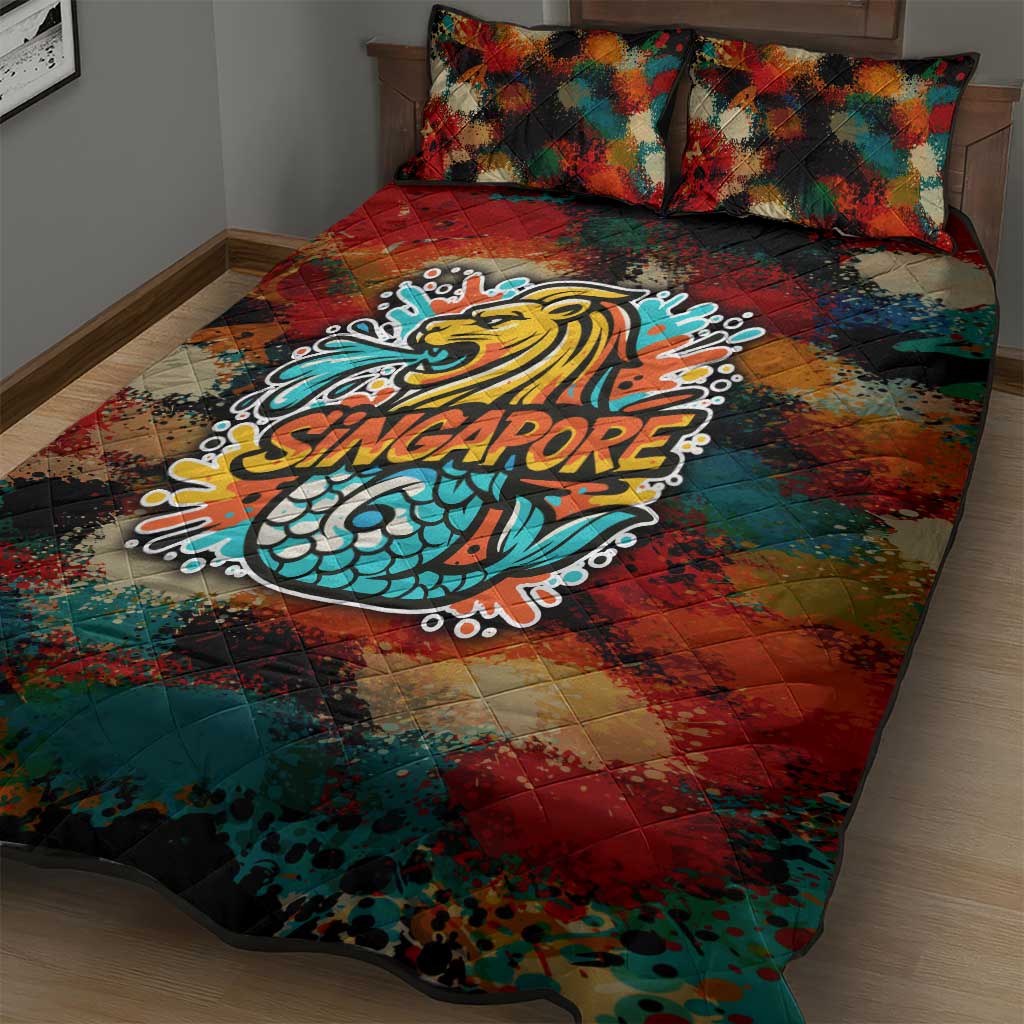 Singapore Merlion Quilt Bed Set with Graffiti Art Style and National Flag
